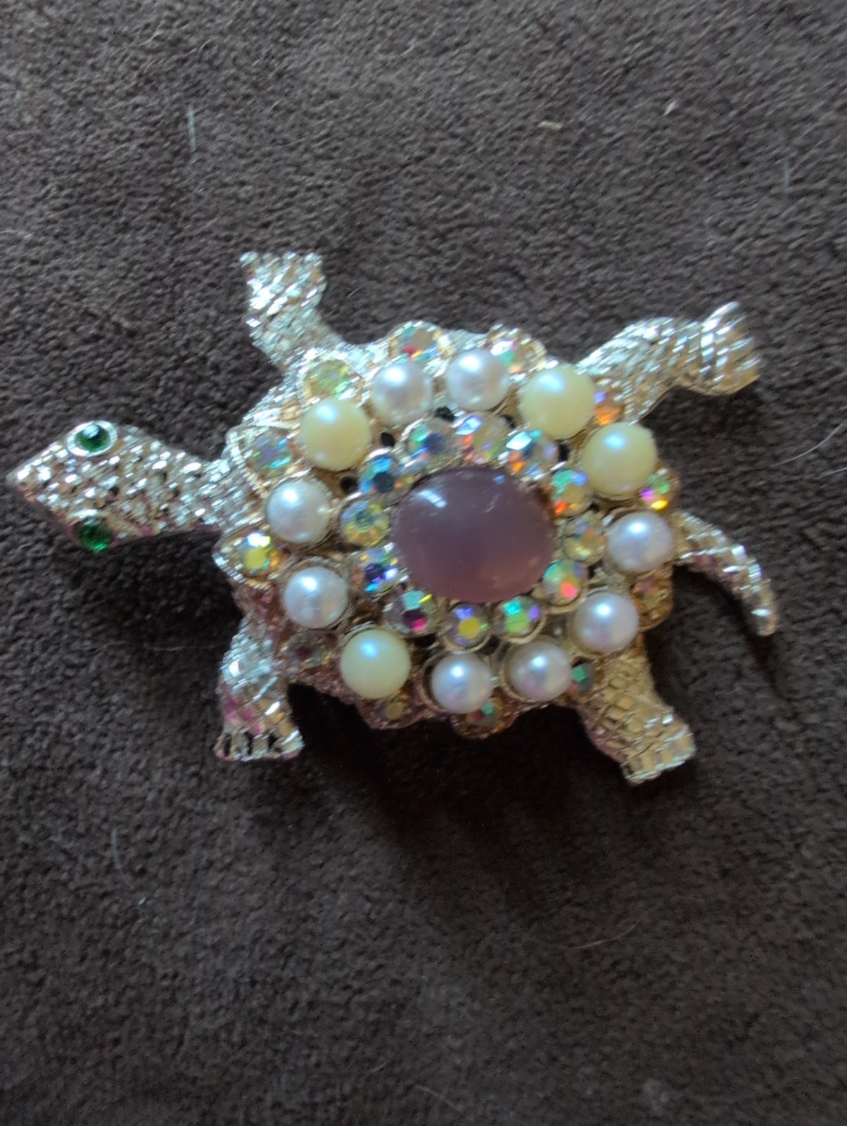 Vintage Turtle Brooch Pin Silver Tone 2.25″ Rhinestone , Pearl, AB