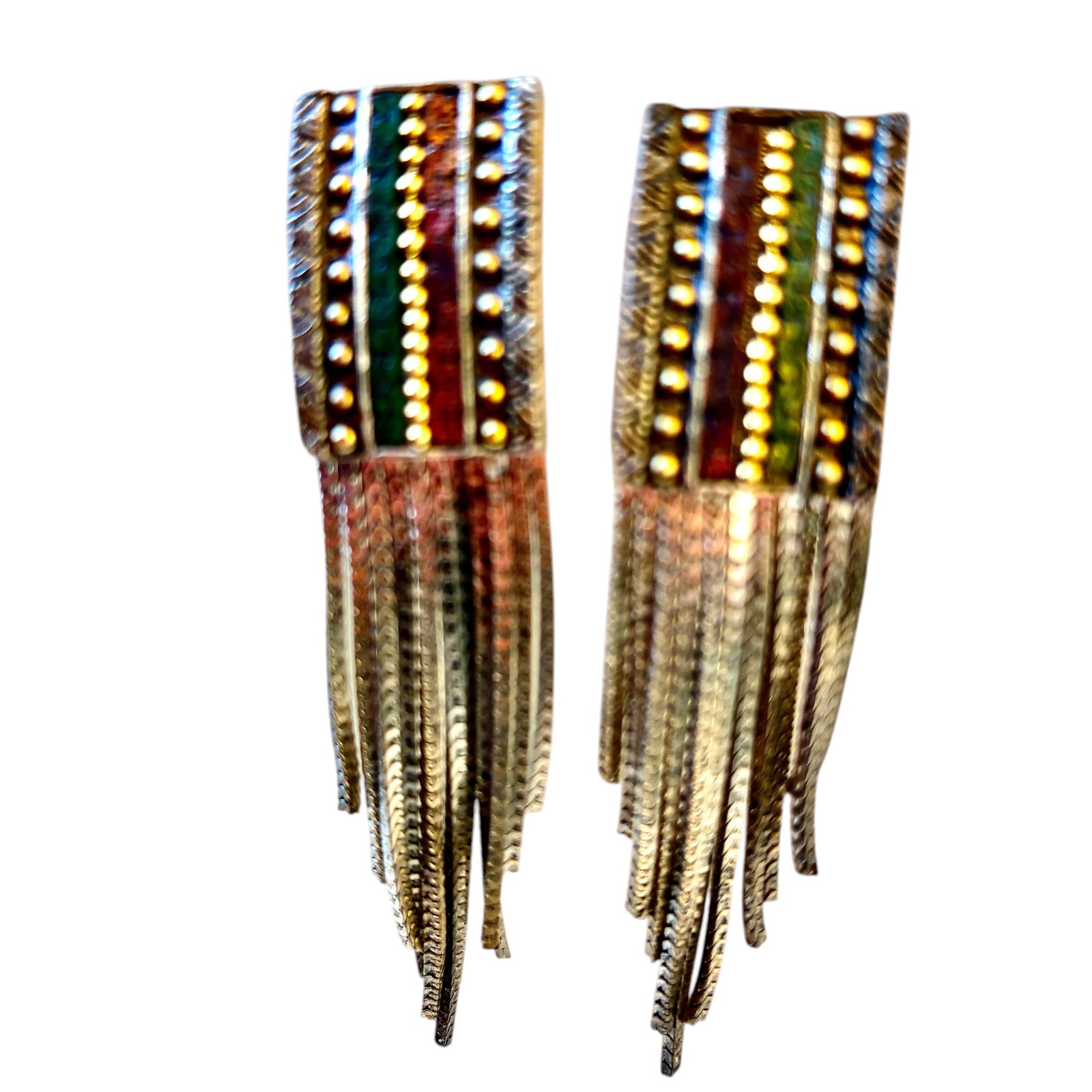 Vintage Turkish Metal Earrings Chain Fringe Dangle Tri-color CLIP-ON