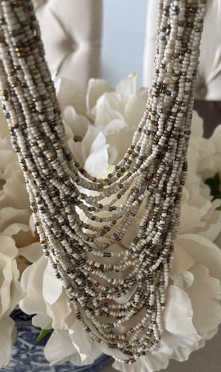 Vintage Multi Layered Ivory Gold Glass Seed Beaded Wood Hook Clasp Boho Necklace
