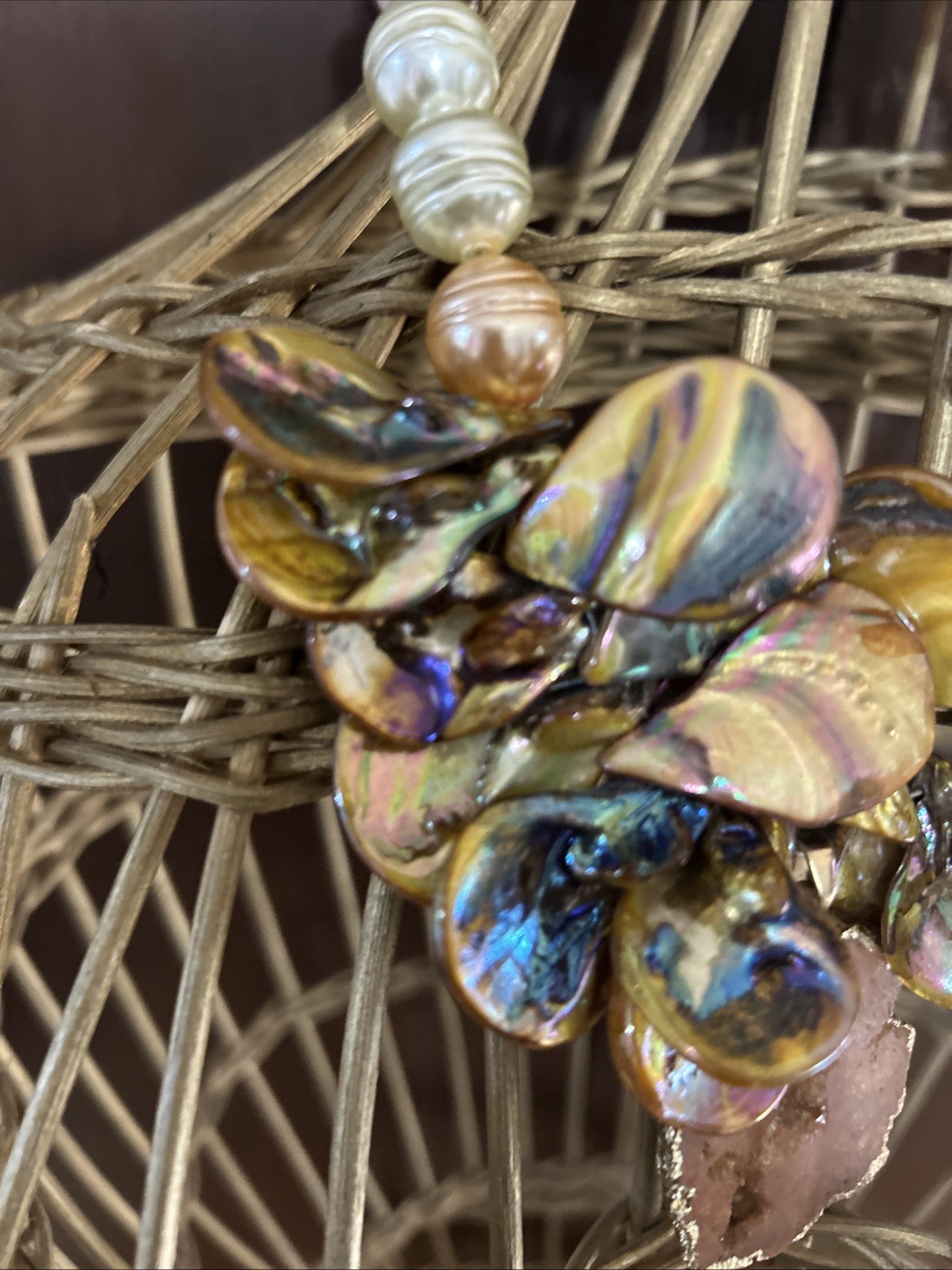 Statement Necklace Amber Abalone Shells W Geode Crystal Handmade! Quality Made!