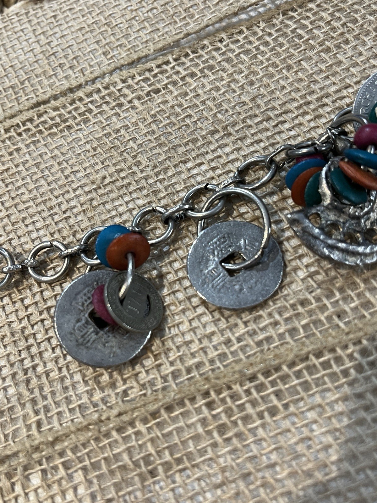 Vintage Artisan Crafted Coin Charm Bracelet Mixed Materials Estate Jewelry Boho