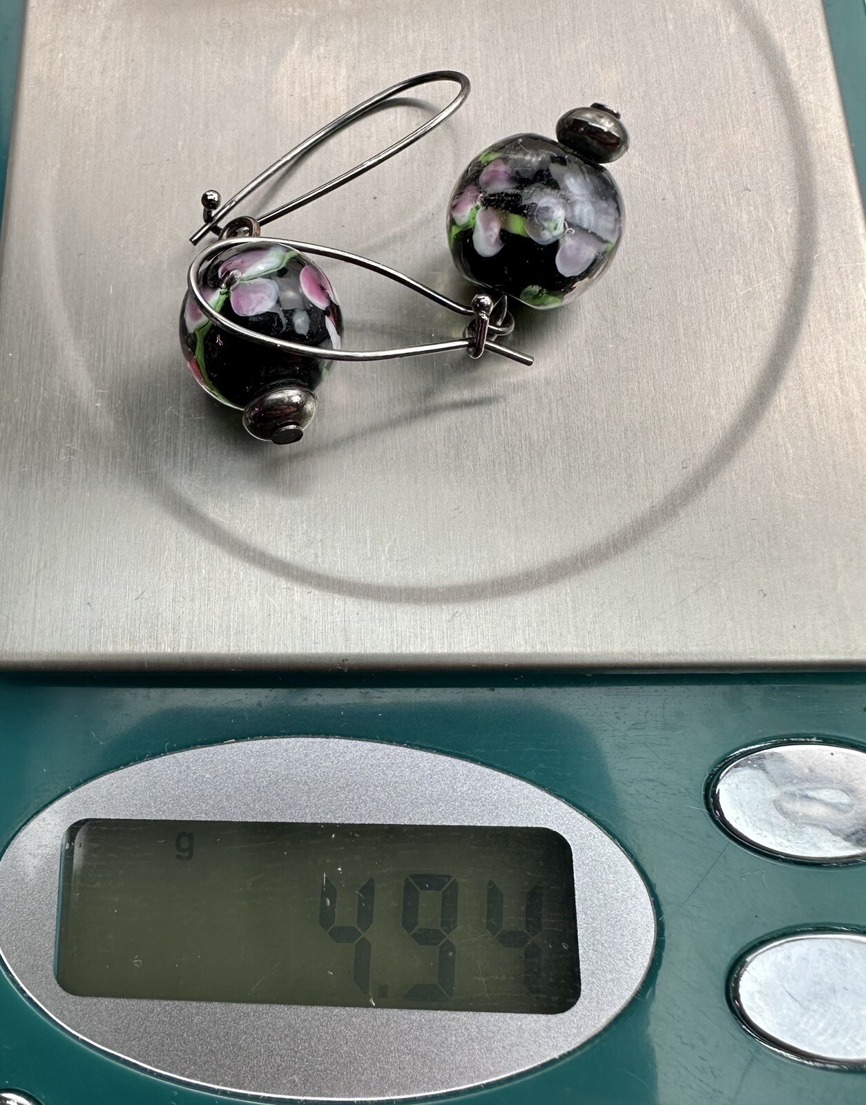 Vintage Venetian Murano Glass Black Flower Ball Dangle Earrings