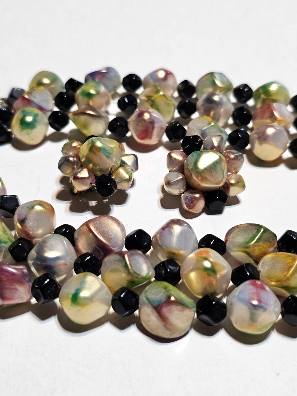MCM IRIDESCENT BEADED NECKLACE AND CLUSTER CLIP-ON EARRING SET MARKED JAPAN