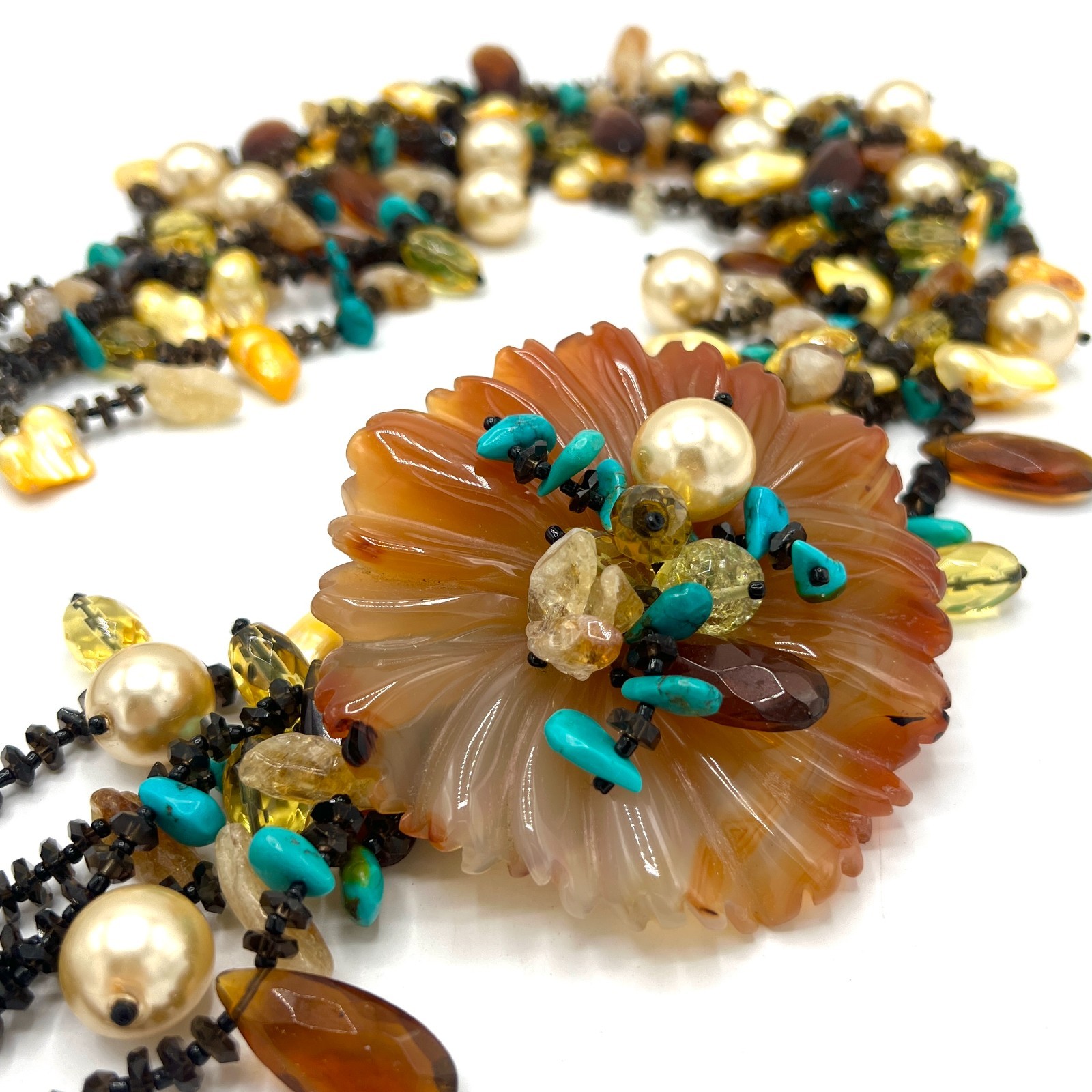 Vintage Artisan Multi Strand Necklace Carved Carnelian Flower Freshwater Pearls