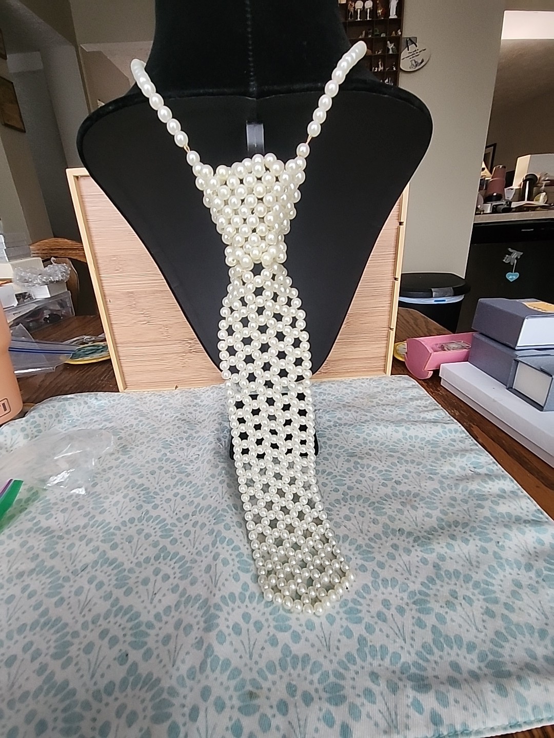 MCM Vintage Faux Pearl Tie Necktie Necklace Hong Kong 18″ Handmade Off White