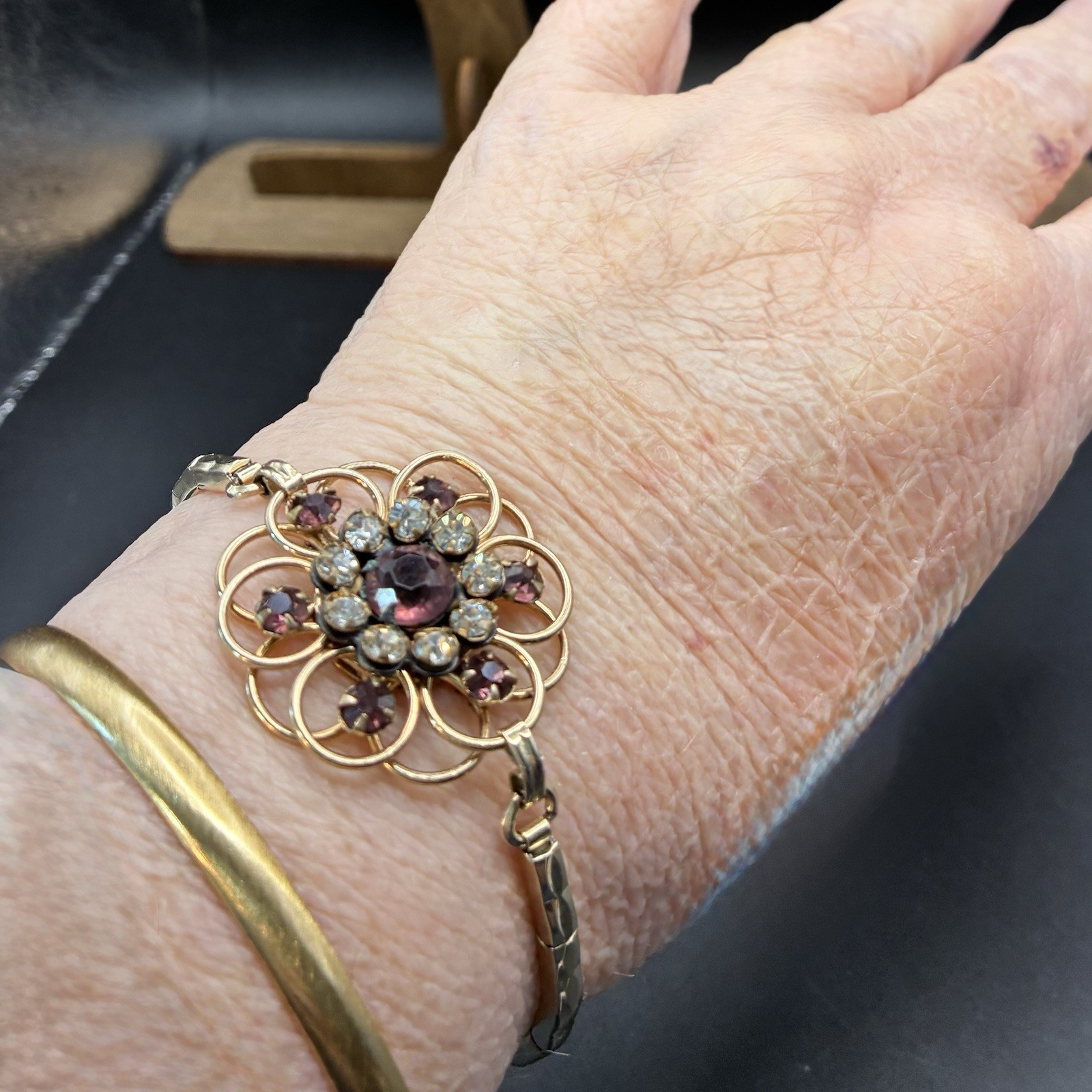 Custom Vintage Yellow Gold Filled Expansion Bracelet, Amethyst Glass, Watch Band