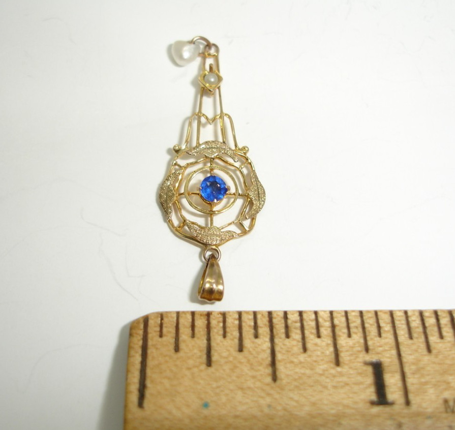 antique 10K gold blue birthstone Lavalier Pendant charm dangle drop wind pearl