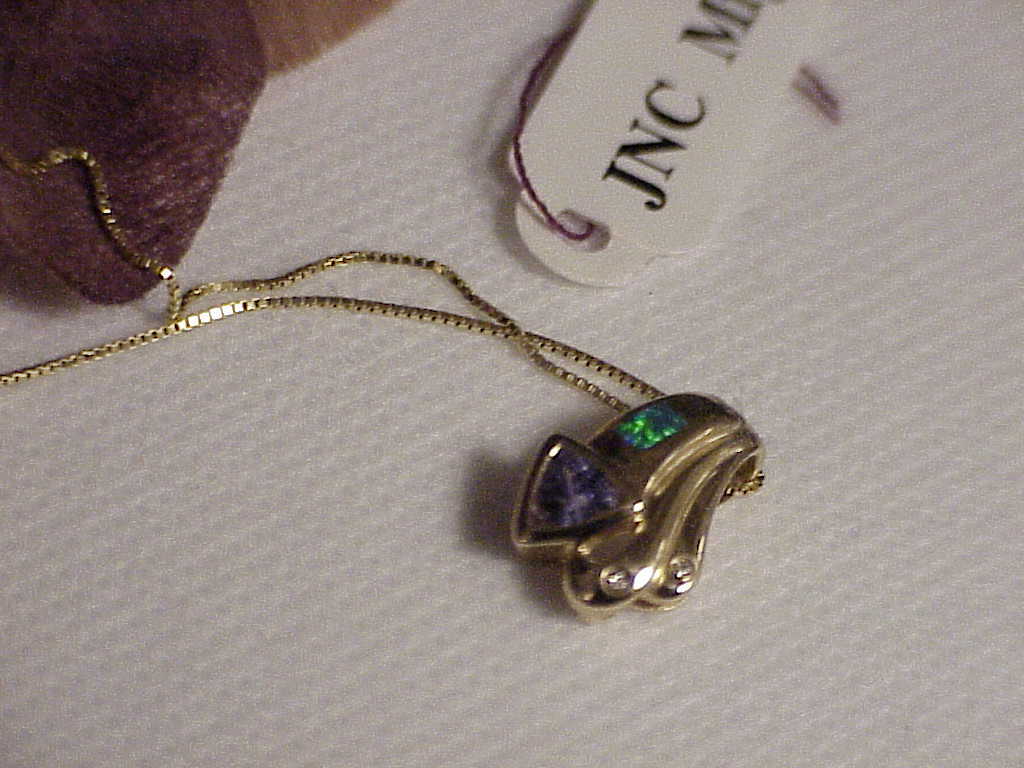 14K Black Opal Trillion Tanzanite 2 Diamond Pendant Necklace Yellow Gold New Tag