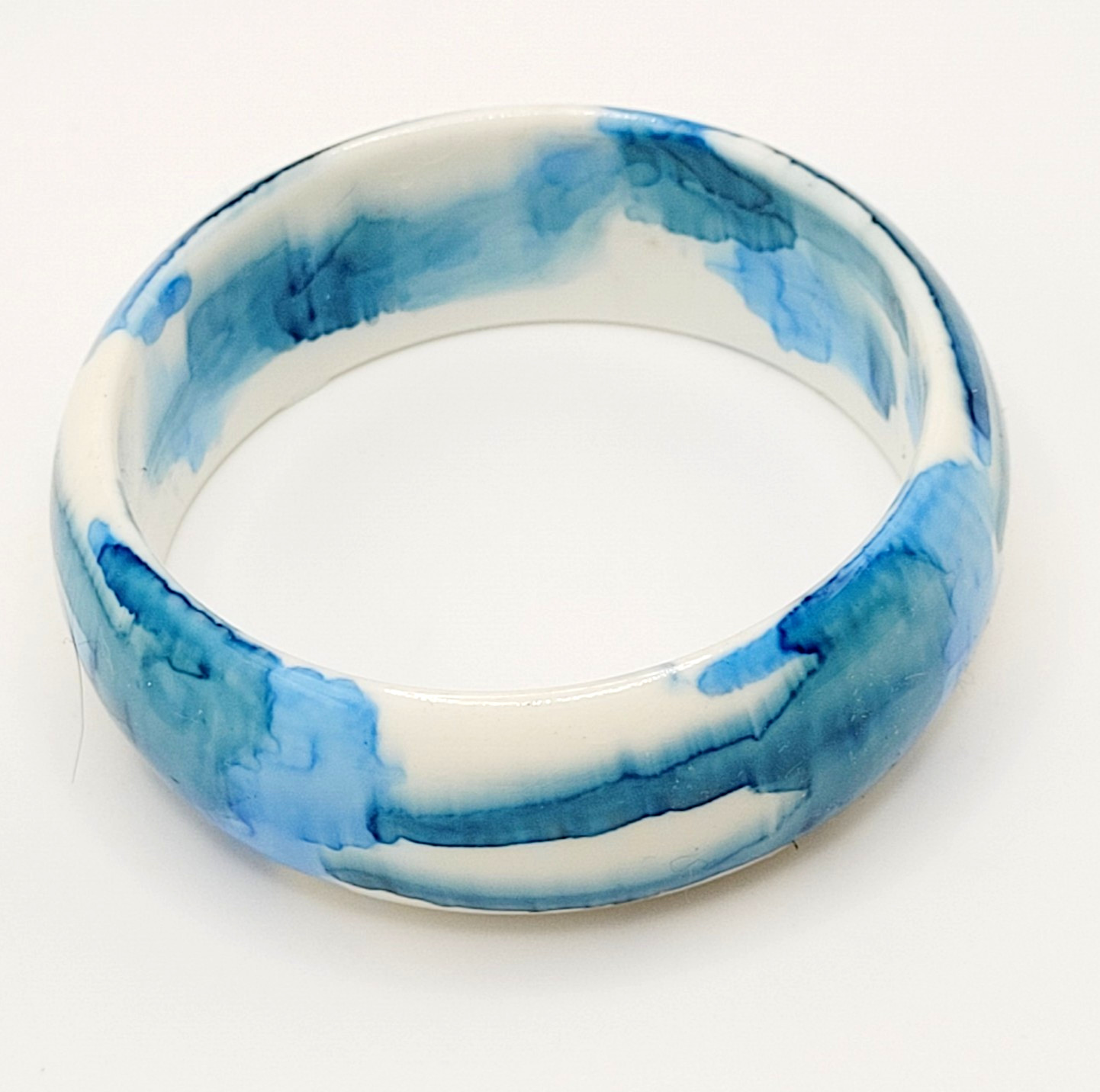 Marbled Watercolor Ink Blot Design Blue White Acrylic Chunky Bangle Bracelet