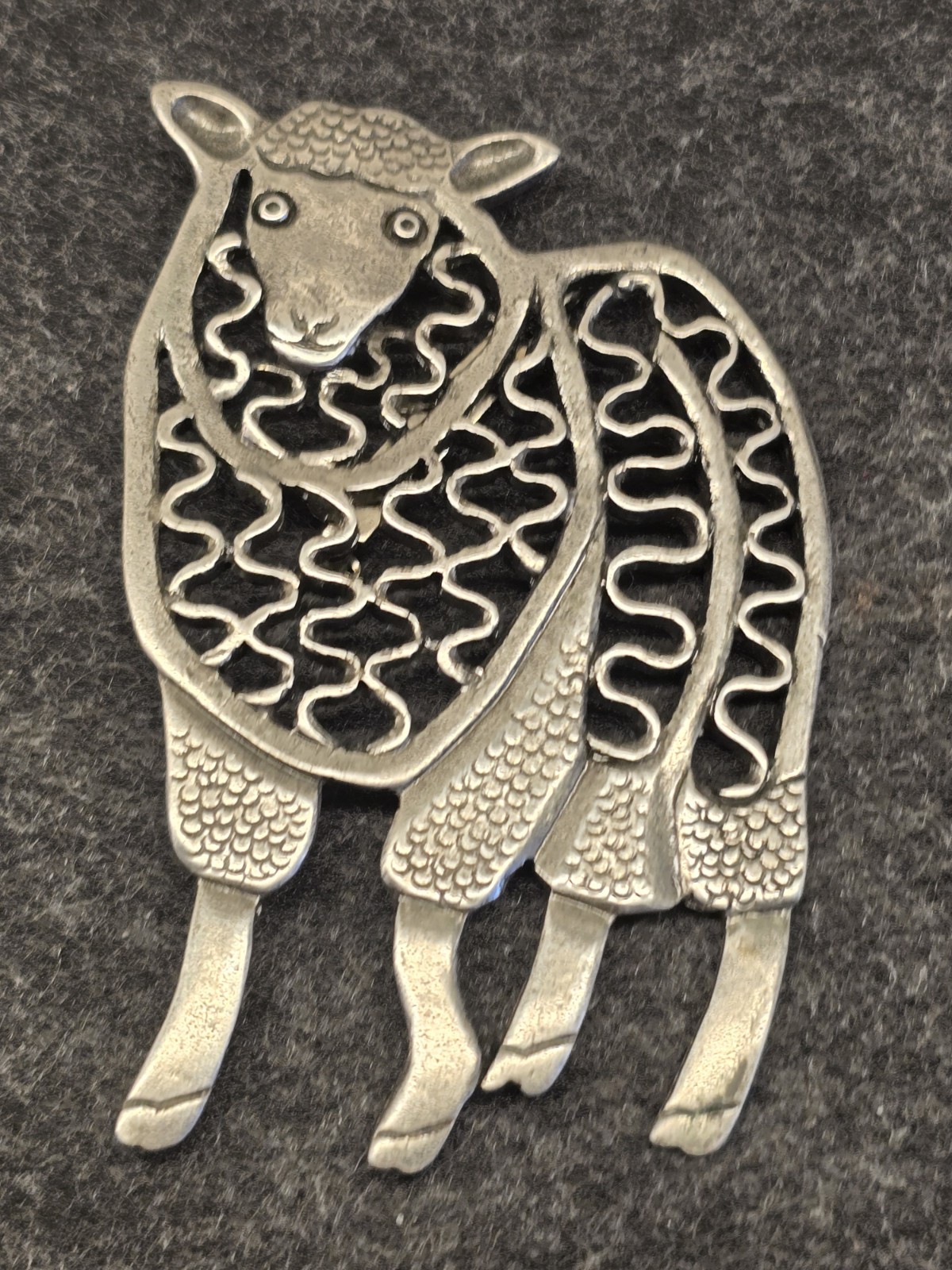 Vintage Pewter Toned Artisan Style Curly Wool Sheep Large Brooch