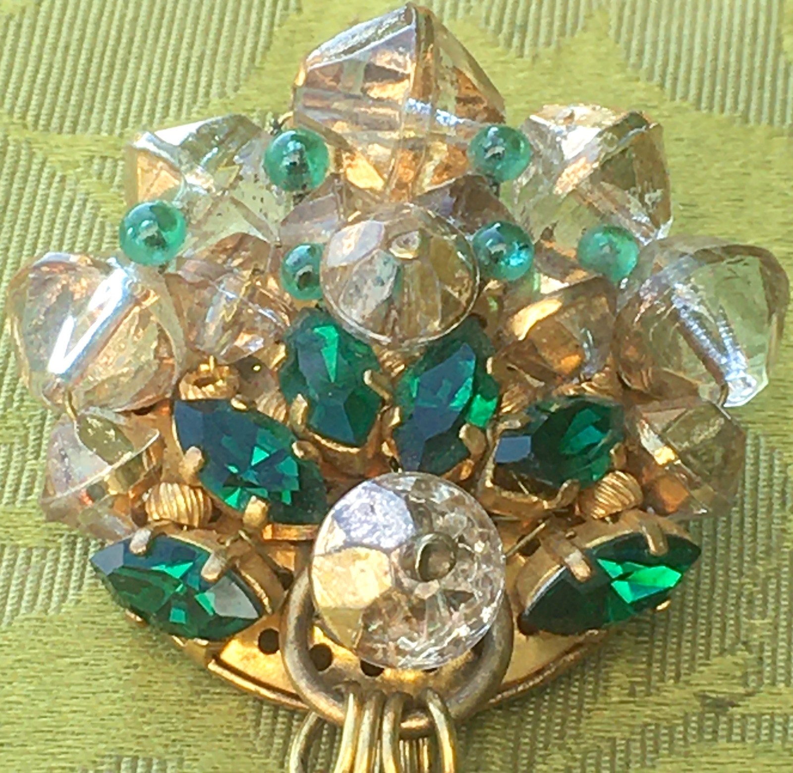 FRENCH STUNNING 1920s BROOCH & DANGLING CHARMS~FOIL BACK CZECH GLASS RHINESTONES