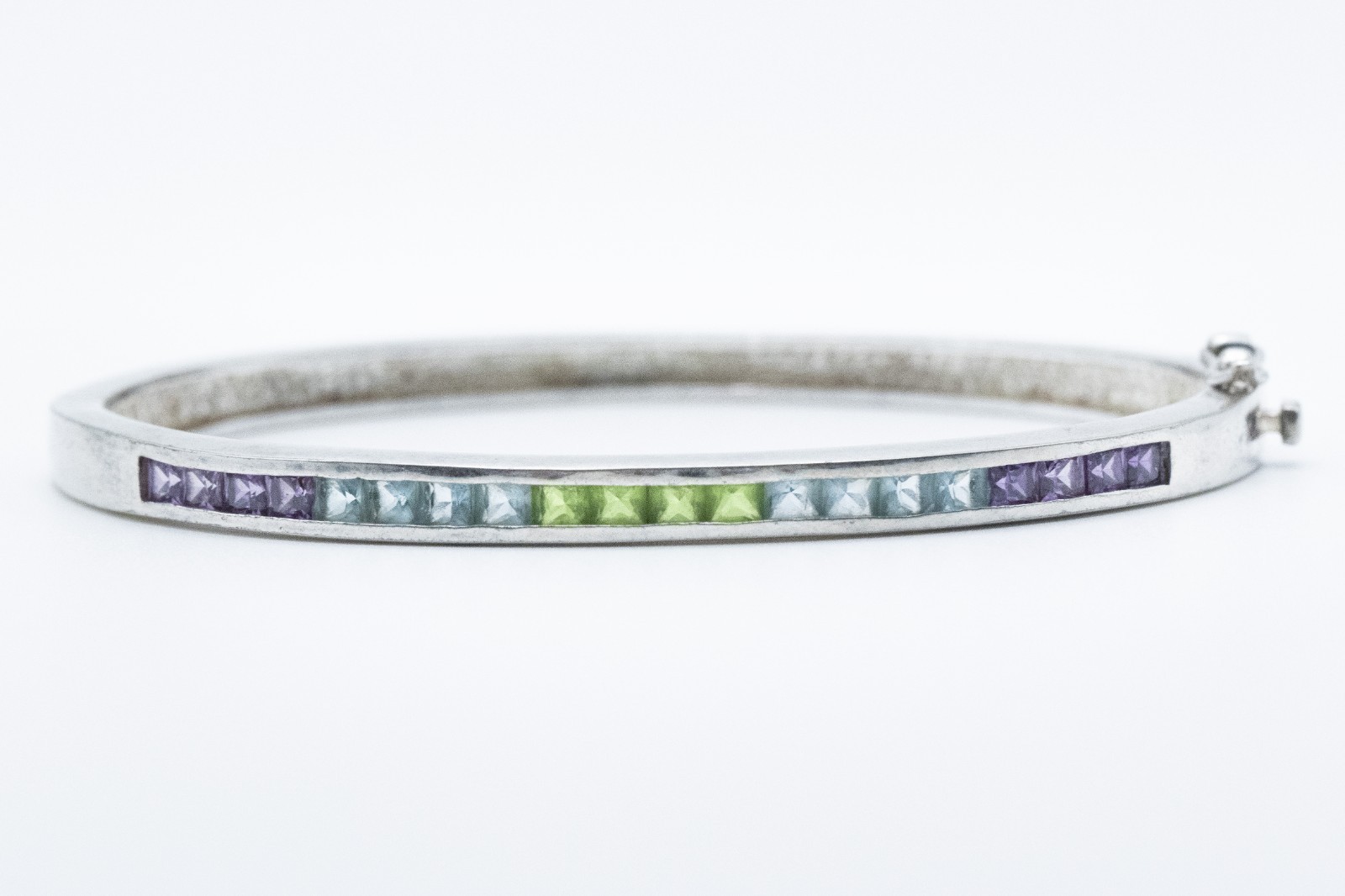 Sterling Silver Hinged Bangle Bracelet Multi-Color Channel Set Stones 925 Retro