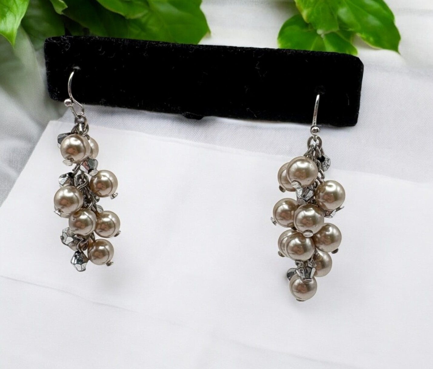 Vintage Faux Pearl Cluster Dangle Earrings Silver Tone Chain Accents