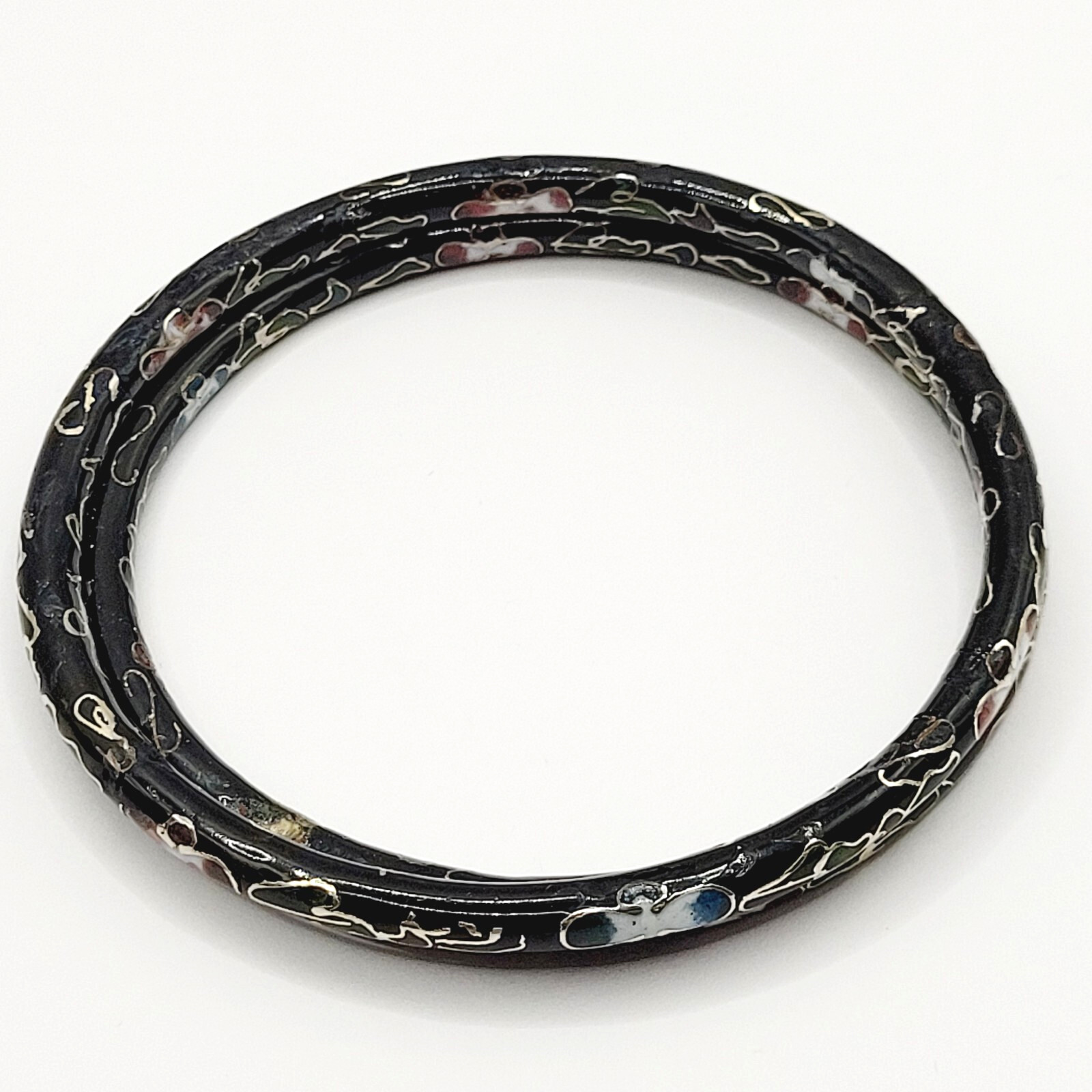 2 Cloisonné Asian Inspired Black Dark Shiny Floral Hand Painted Bangle Bracelet