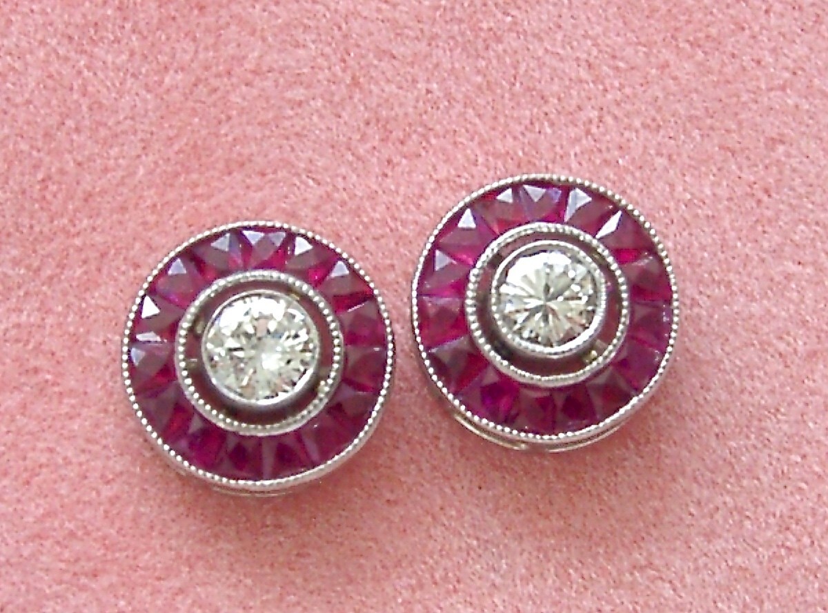 ART DECO STYLE .46ctw DIAMOND w/ RUBY HALO PLATINUM 9.5mm EVERYDAY STUD EARRINGS