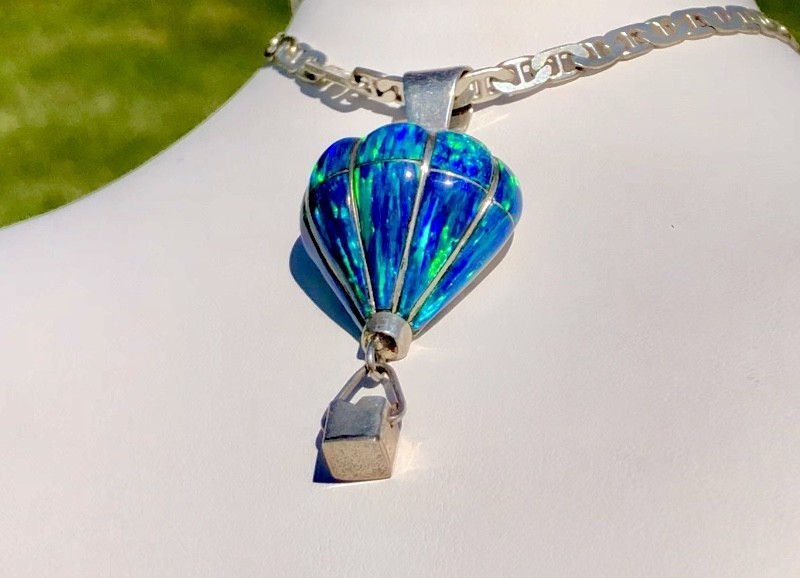 Opal Gemstone Filled Blue HOT AIR Balloon Ride Pendant necklace Vintage VIDEO RL