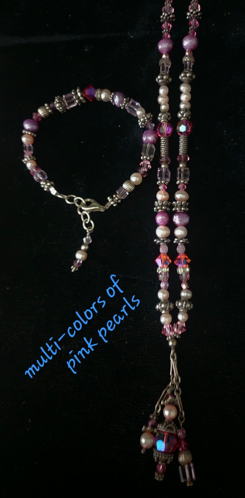 925 STERLING Necklace&Bracelet Multicolor PEARLS & Made With Swarovski CRYSTALS