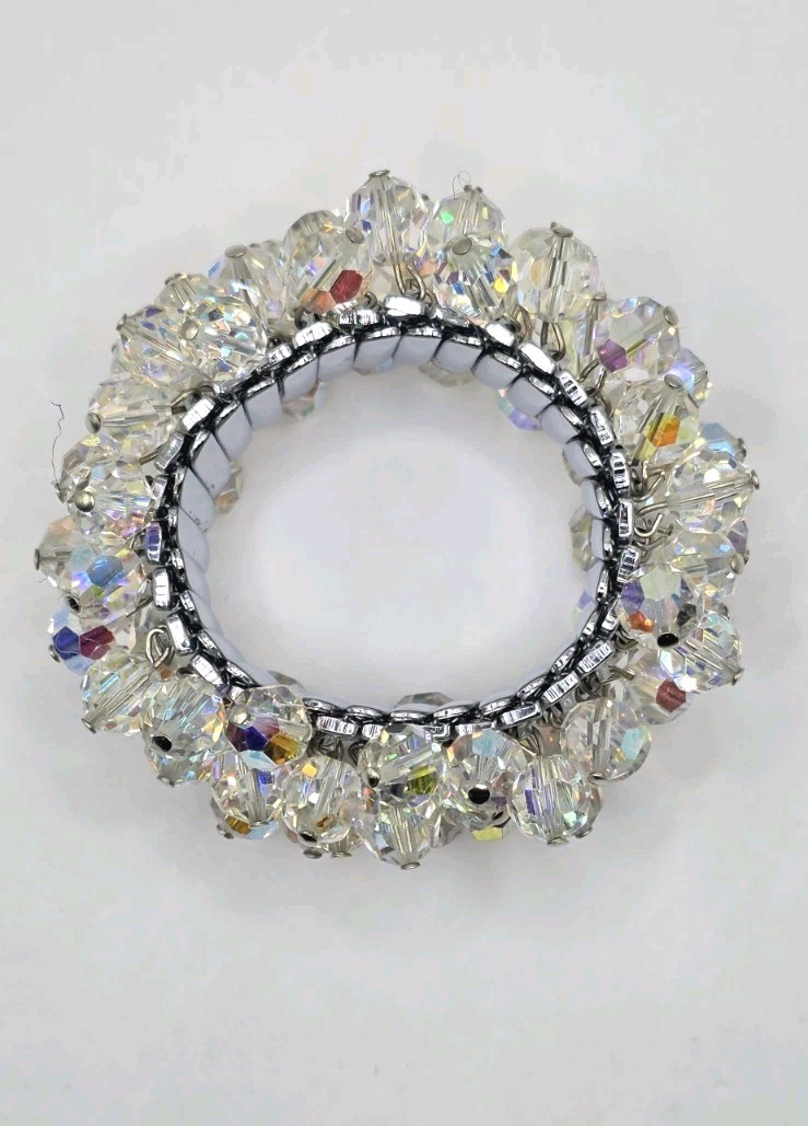 Vintage Japan Cha Cha Bracelet AB Crystal Glass Beaded Expansion 1950s Glam
