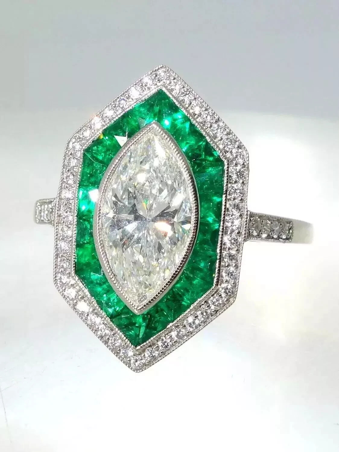 Art Deco Vintage Style Marquise Lab Created Diamond Emerald Wedding Silver Ring