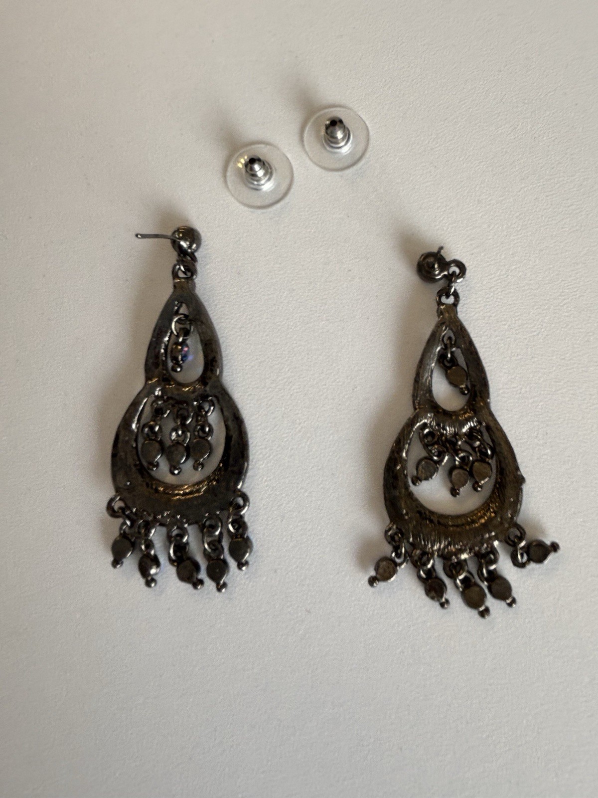 Vintage Gunmetal Pink Rhinestone Chandelier Earrings Aurora Borealis Drop Post