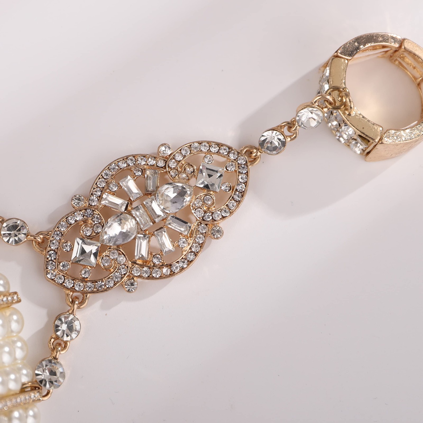 Vintage 1920s Flapper Faux Pearl Gold Rhinestone Stretch Bracelet – Wedding Part