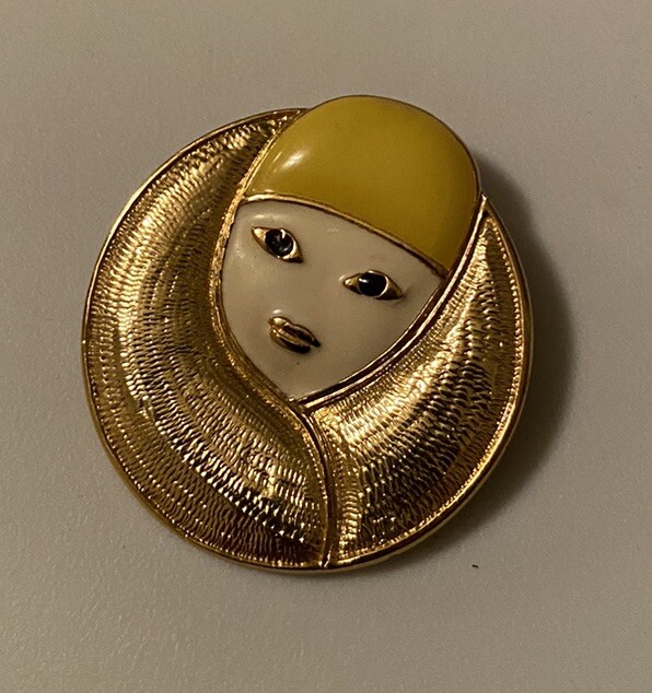 Vtg Signed Orena PARIS Retro Enameled Art Deco French Woman Gold Tone Brooch Pin