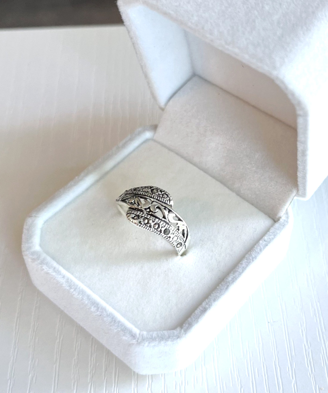 Vintage Sterling Silver Marcasite Bypass Filigree Ring Size 10