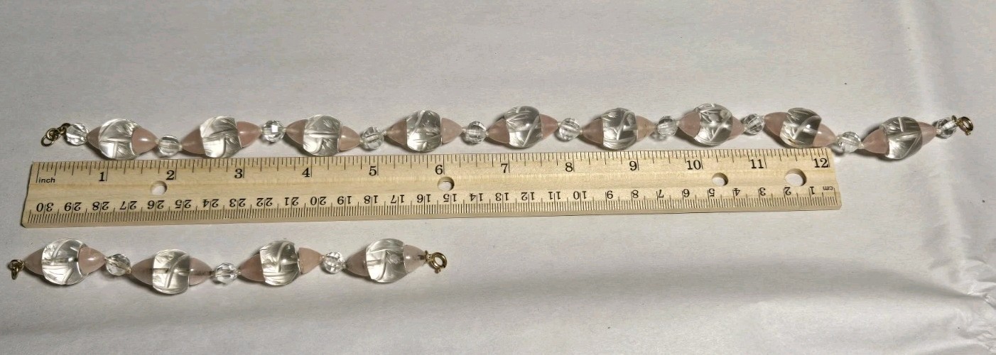 Rare Vintage Necklace Carved Rock Crystal & Pink Quartz 14K Floral Tulip Etched