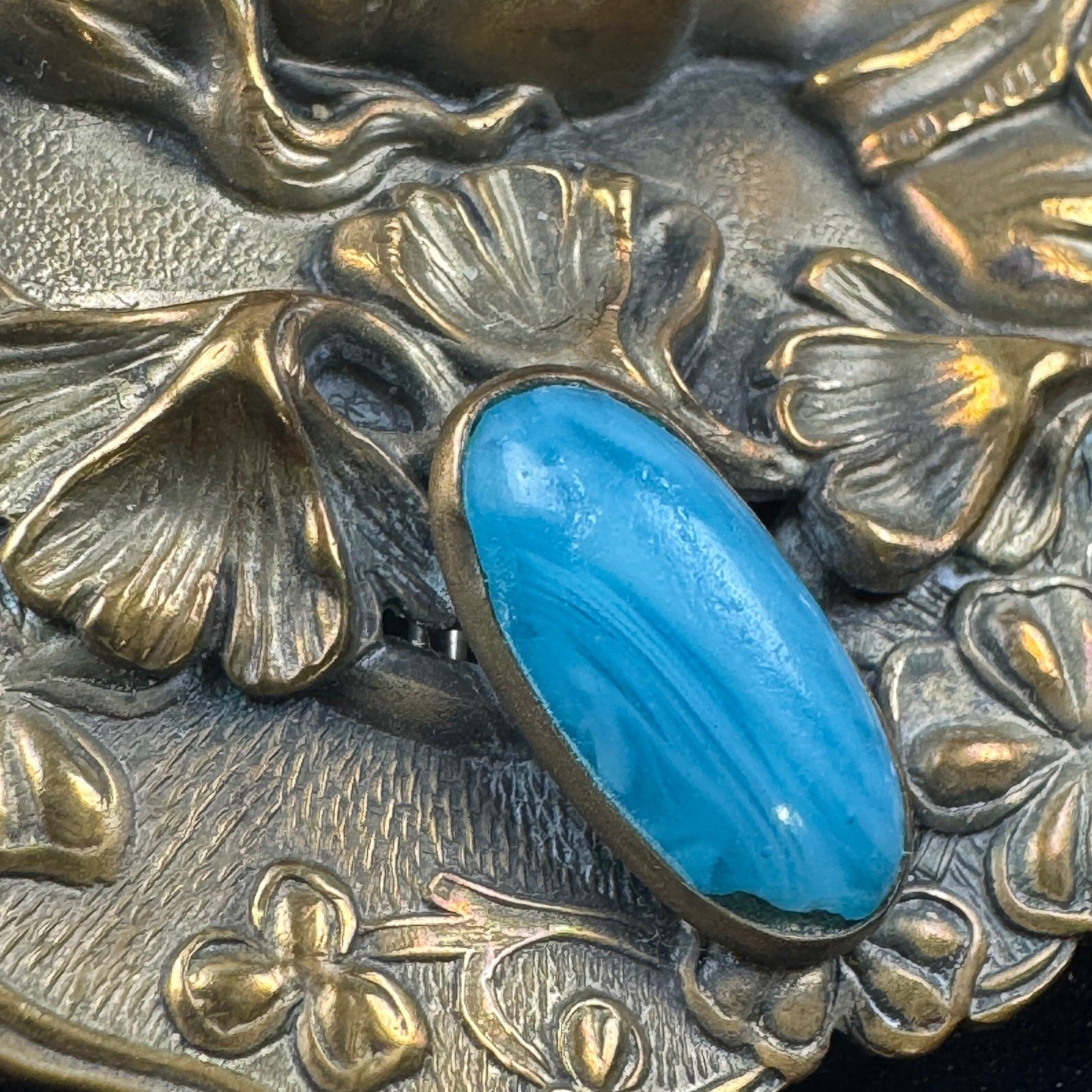 VTG Art Nouveau Revival Repousse Maiden Sash Pin Brooch Ginkgo Faux Turquoise