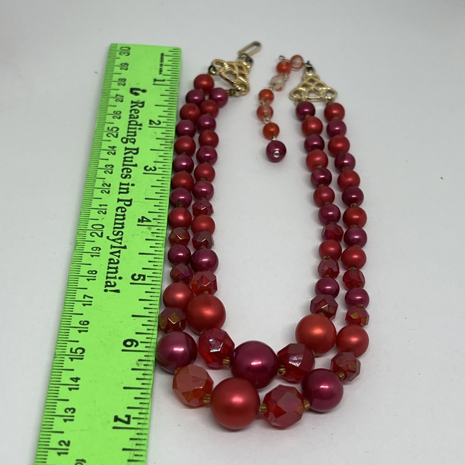 Vintage Red Faux Pearl Faced Lucite 15”-17” Necklace Marked Japan