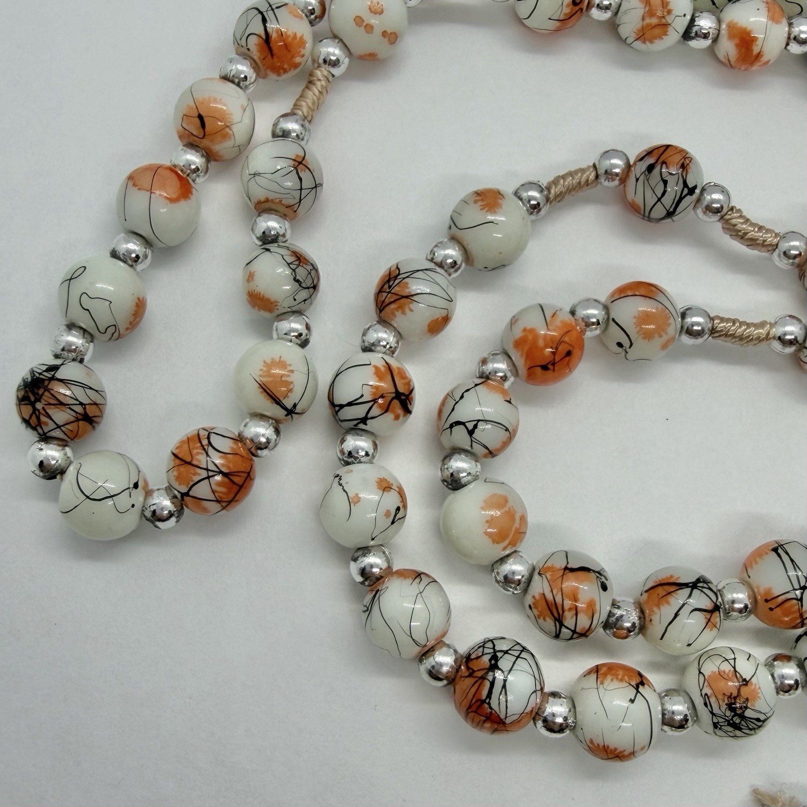 Vtg Catholic Religious Orange Rosary Glass Beads Necklace Silvertone Prayer