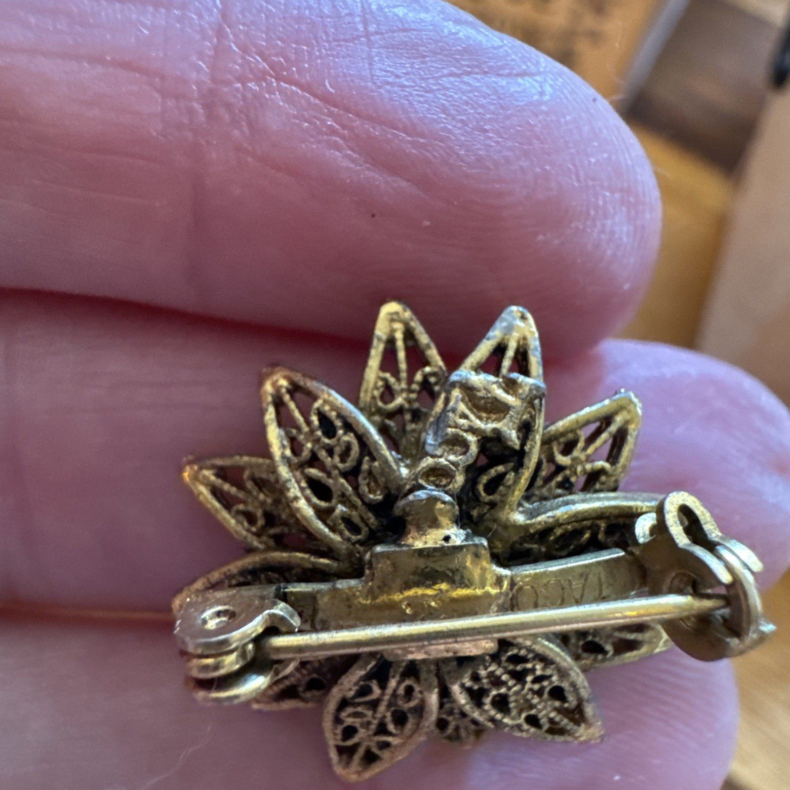 Vintage Tacoa Gold Toned Flower Pearl Brooch Signed Dainty Lapel Pin Old Money