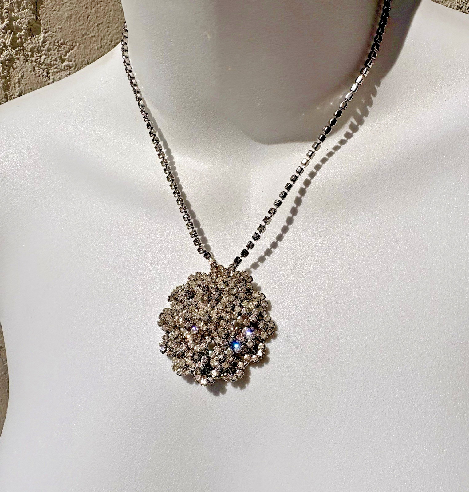 Vintage Rhinestone Floret Necklace 1.75″ Pendant Silver Tone Mid Century