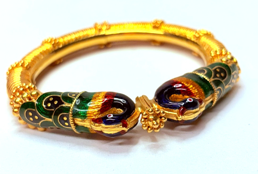 Antique 22k Yellow Gold Red Green Enamel Peacock Bangle Bracelet
