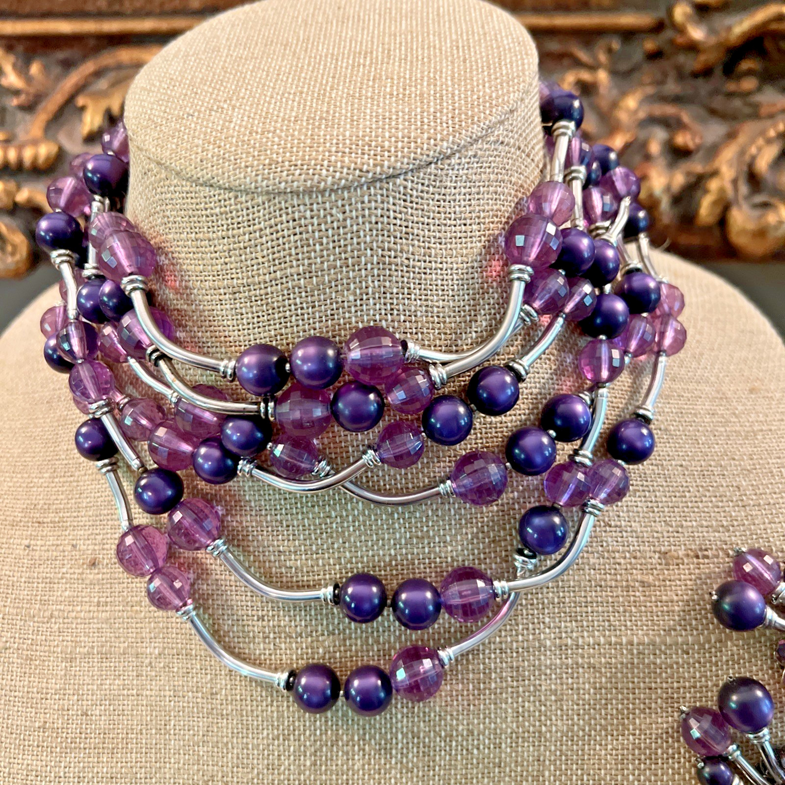 Vintage SIGNED DEMARIO AMETHYST & SILVER BEAD NECKLACE & EARRING SET / 6 STRAND