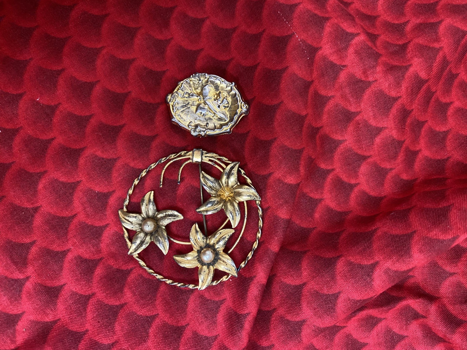 2 VINTAGE STERLING GOLD WASH BROOCH/PIN – FLORAL & VICTORIAN LADY