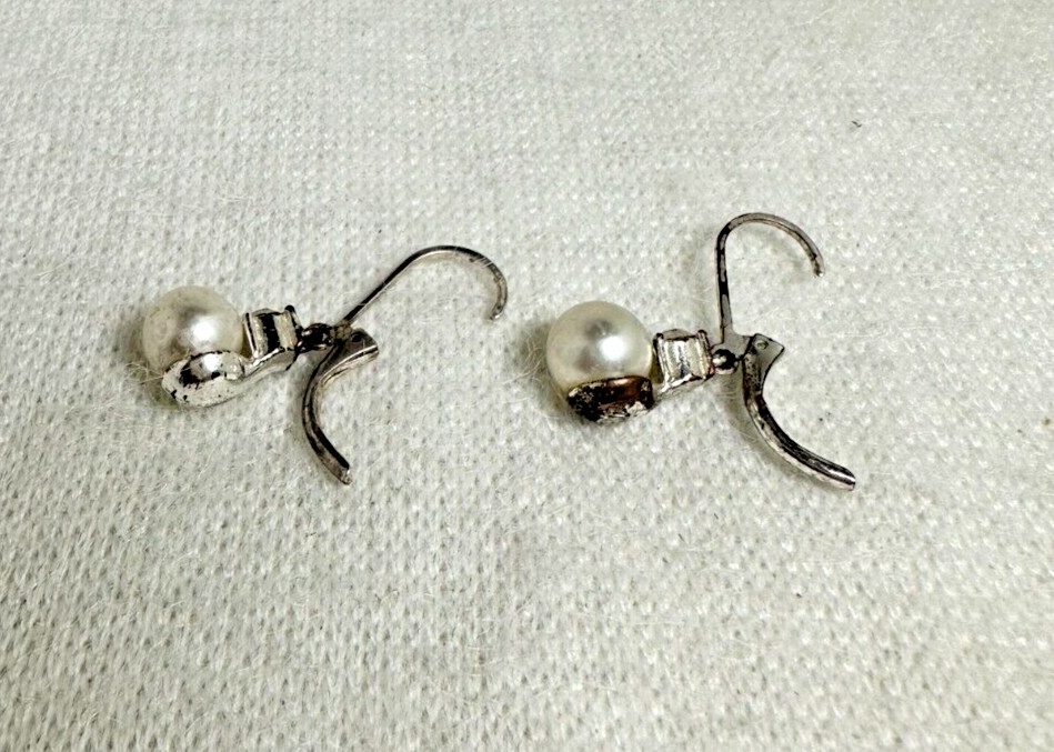 White Faux Pearl Dangle Earrings with Round CZ – Silver Tone Leverback – 1″