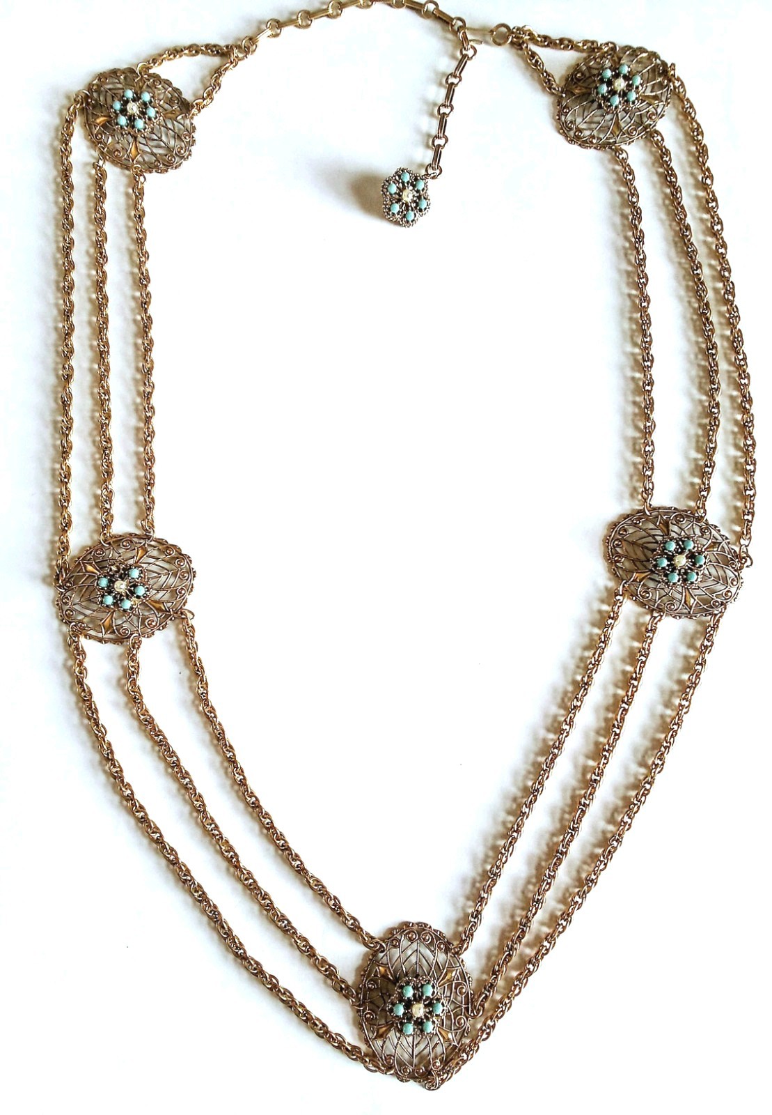 Vintage Gold Tone Chain With Faux Turquoise And Pearl Necklace Or Belt