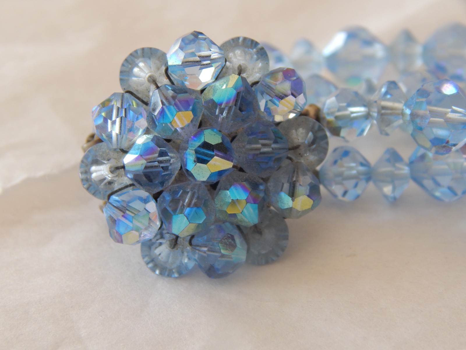Vtg 2-Strand Blue AB Faceted Crystal Bead Necklace, Cluster Bead Clasp: 23″ Long