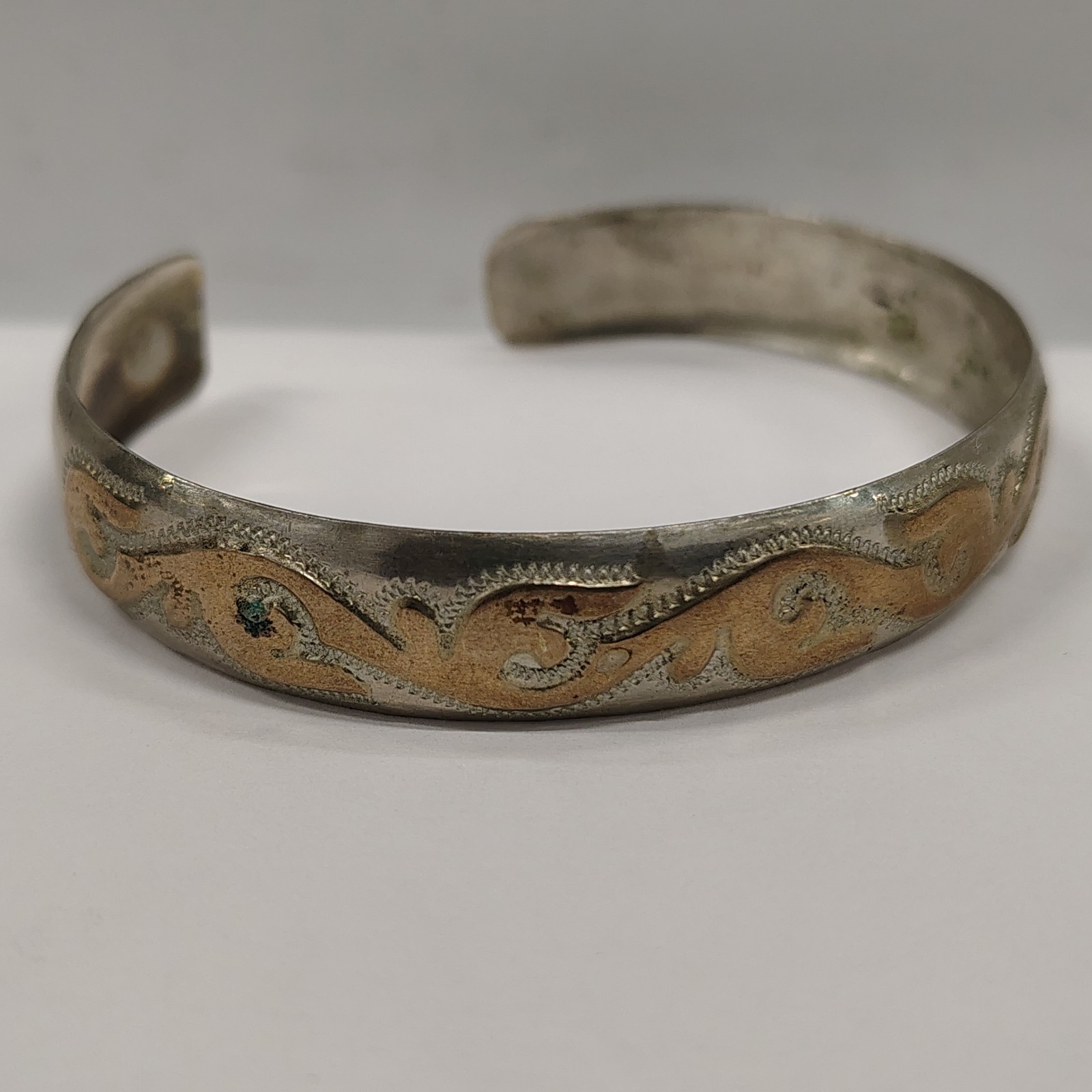 Vintage 925 Sterling Silver Gold Tone Scroll Wave Cuff Bracelet Textured 12.09g