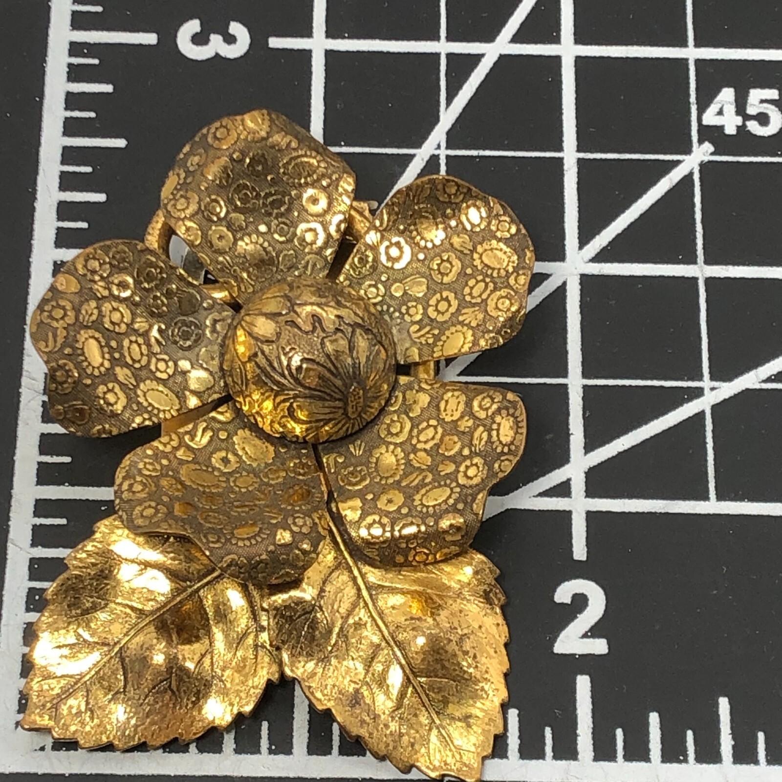 Vintage Flower & Leaves Dress Clip Brooch Gold Tone 1940s Estate Find