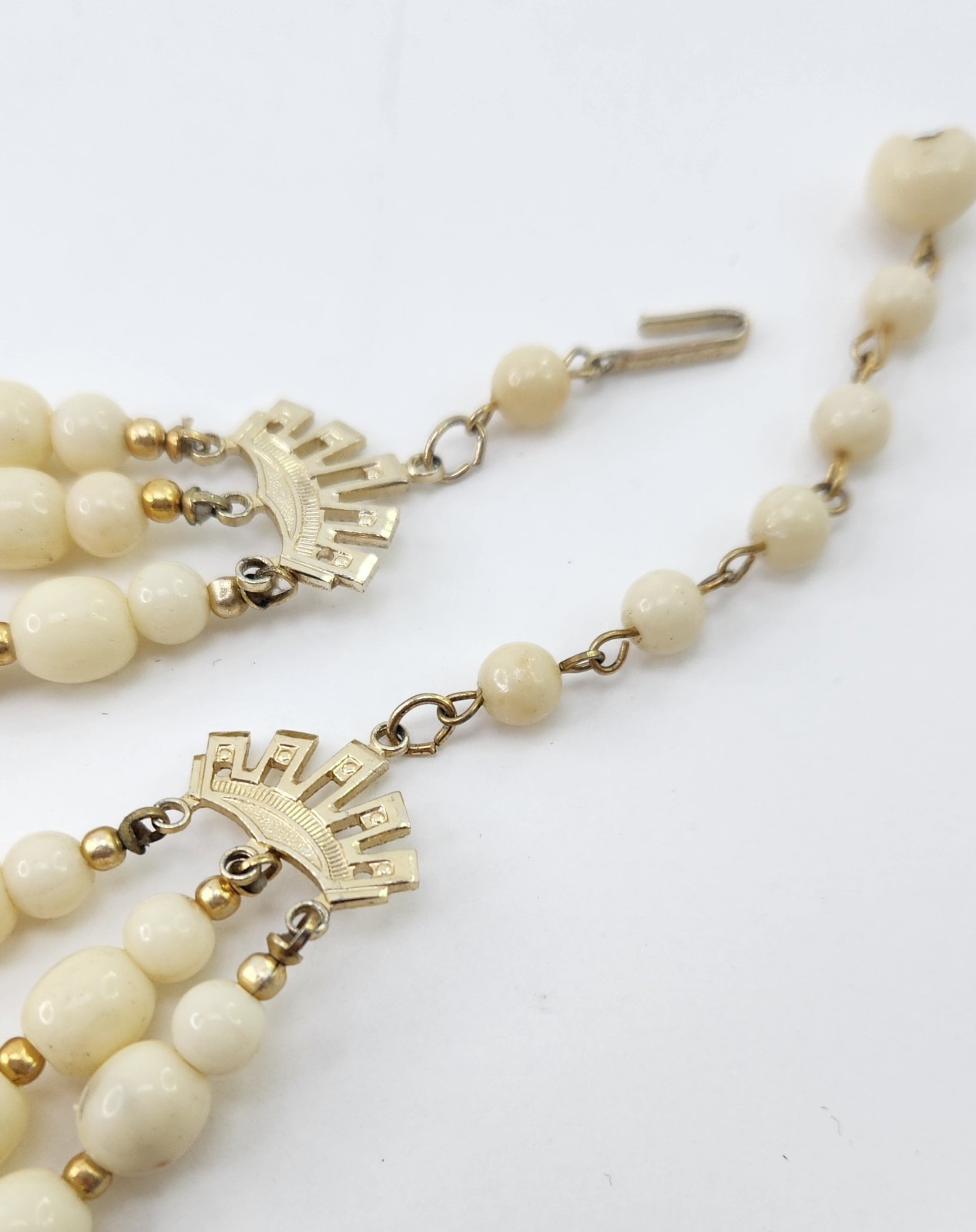 3 Strand Ivory and Gold Acrylic Bead Necklace Clip Earrings Set 1950s Hong Kong