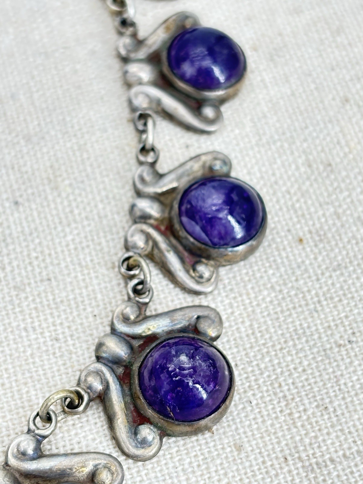 Vintage LOS CASTILLO 925 Sterling Silver Amethyst Floral Panel Link Necklace 15″