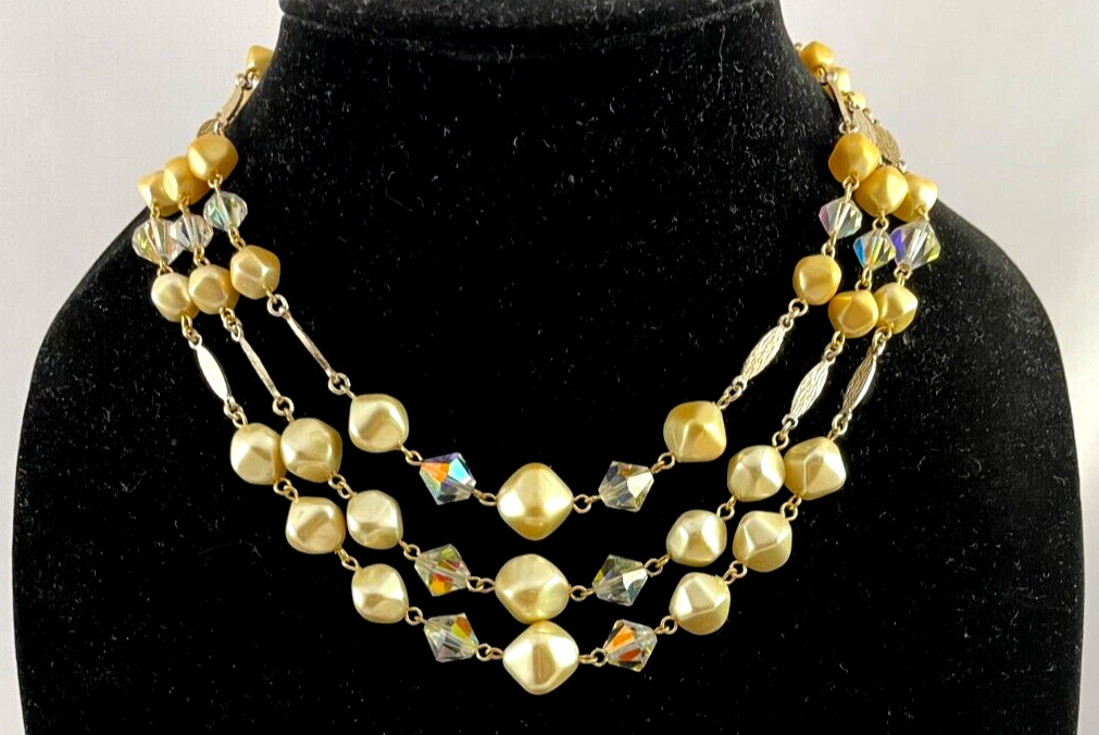 Vtg Multi Strand Faux Pearl Bicone Crystal Silver Tone Necklace Japan