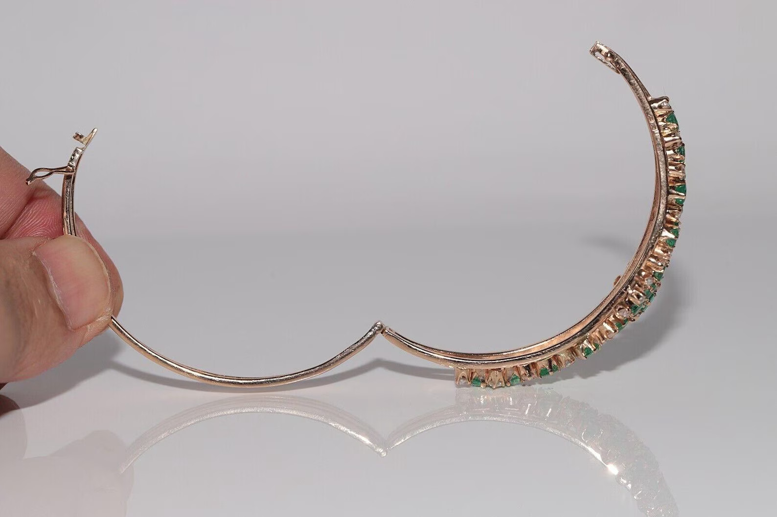 Antique Circa 1900s 14k Gold Natural Rose Cut Diamond And Emerald Bracelet