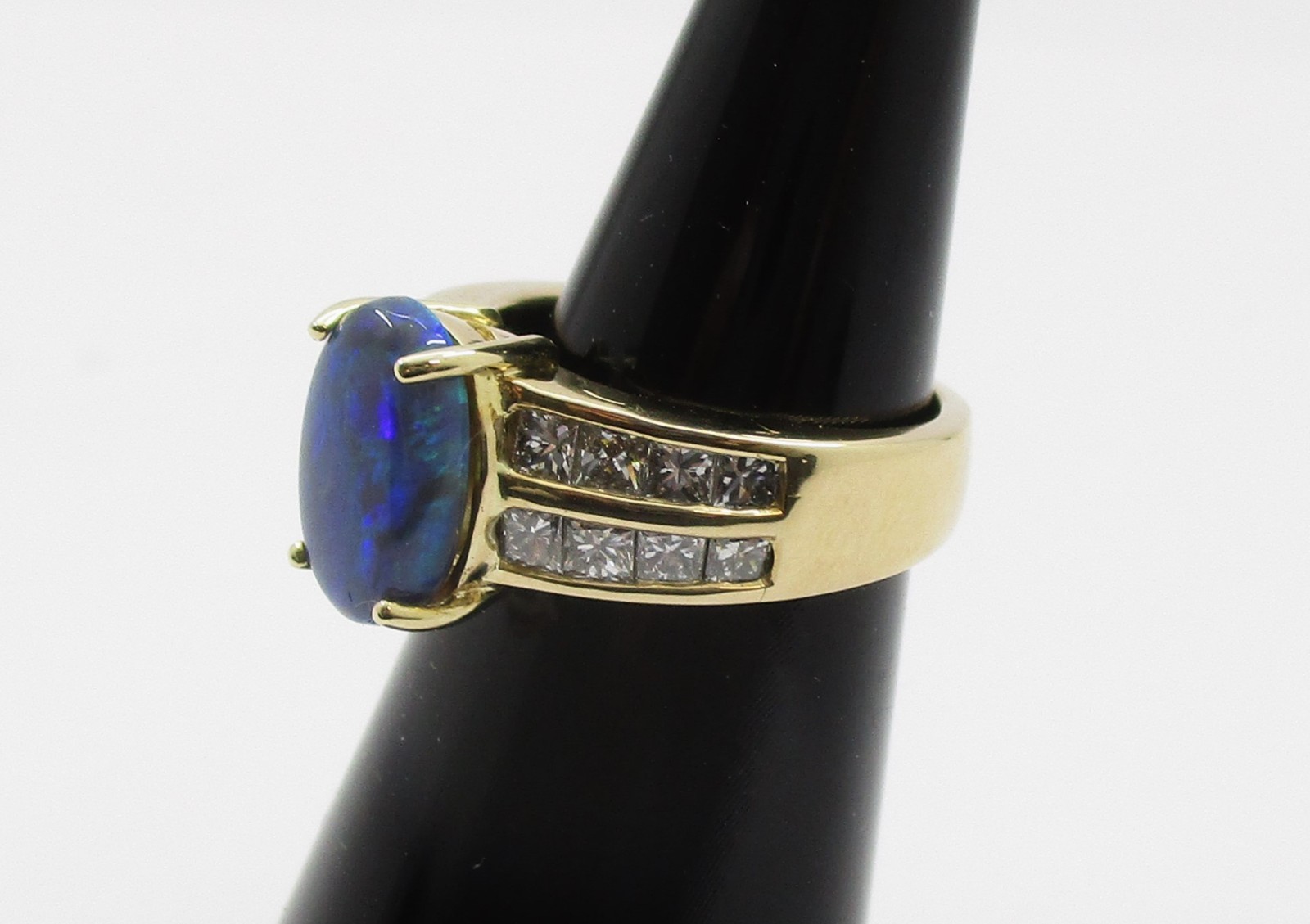 1.52CT Black Opal 0.88CTW Princess Cut Diamond Ring 14K Yellow Gold Size 4