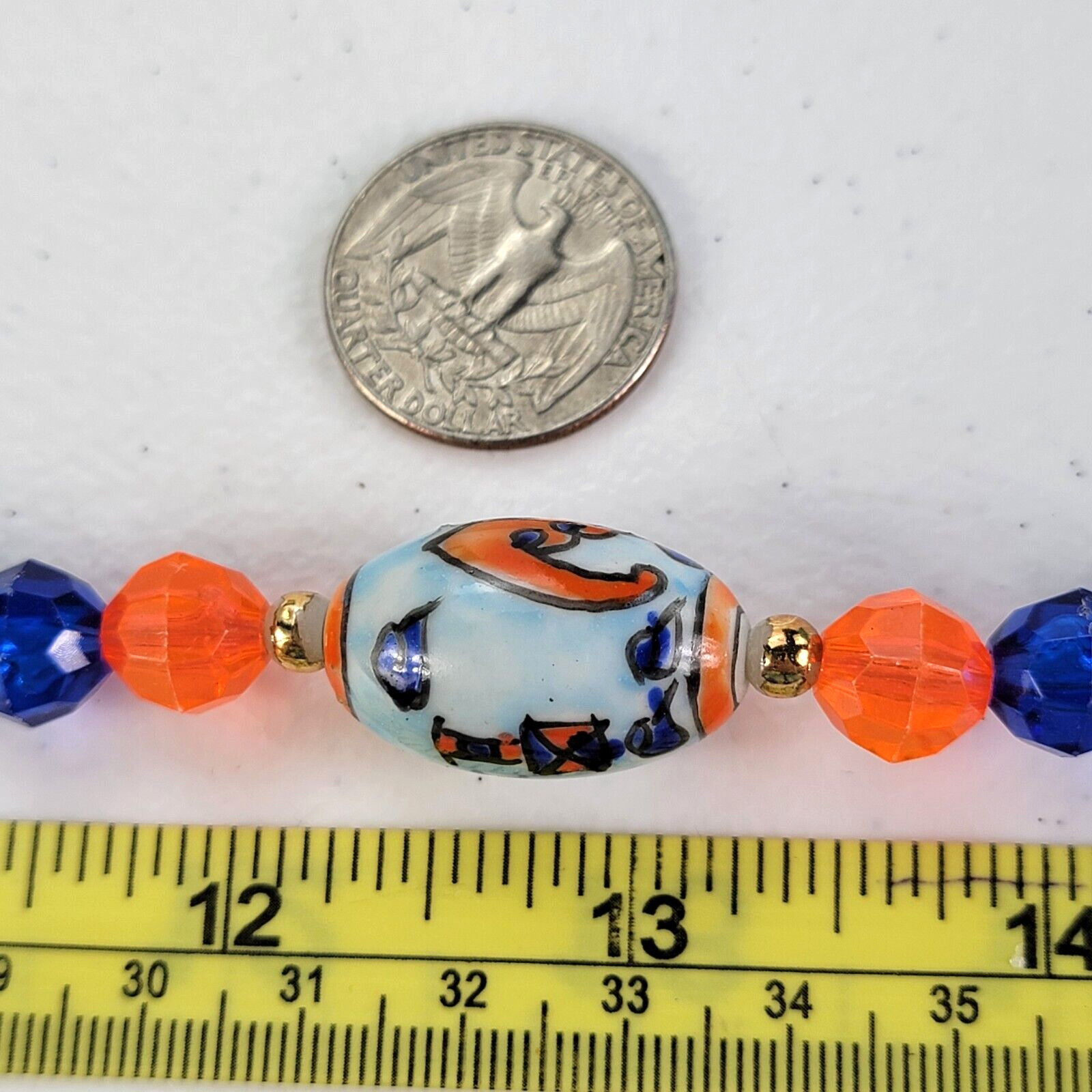 Vintage Asian Themed Hand Painted Clay And Plastic Bead Multicolor Necklace 29″