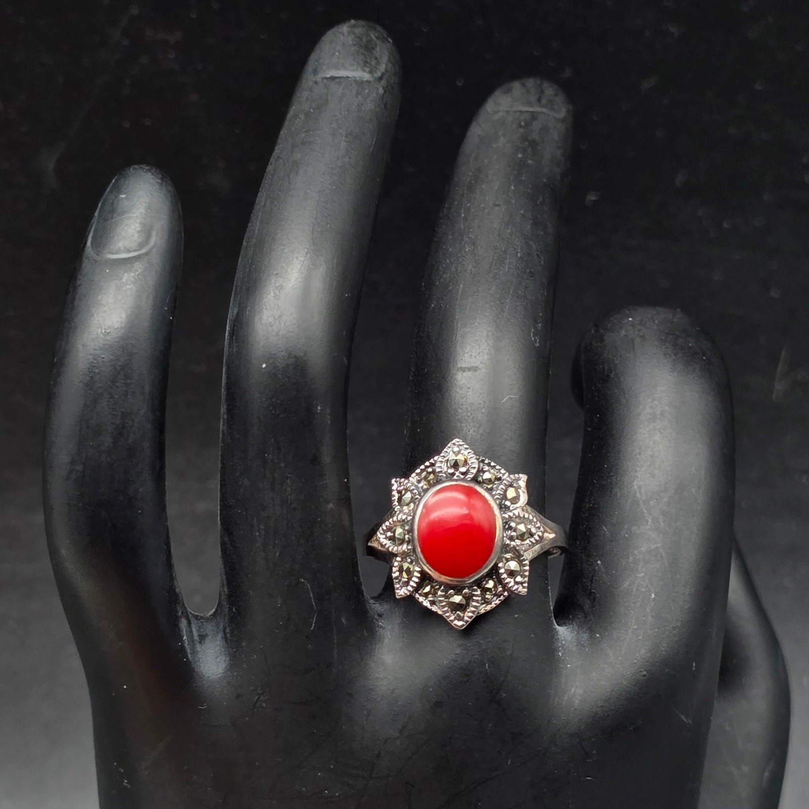 Sterling Silver Red Coral Marcasite Ring Size 7.75 925 Vintage