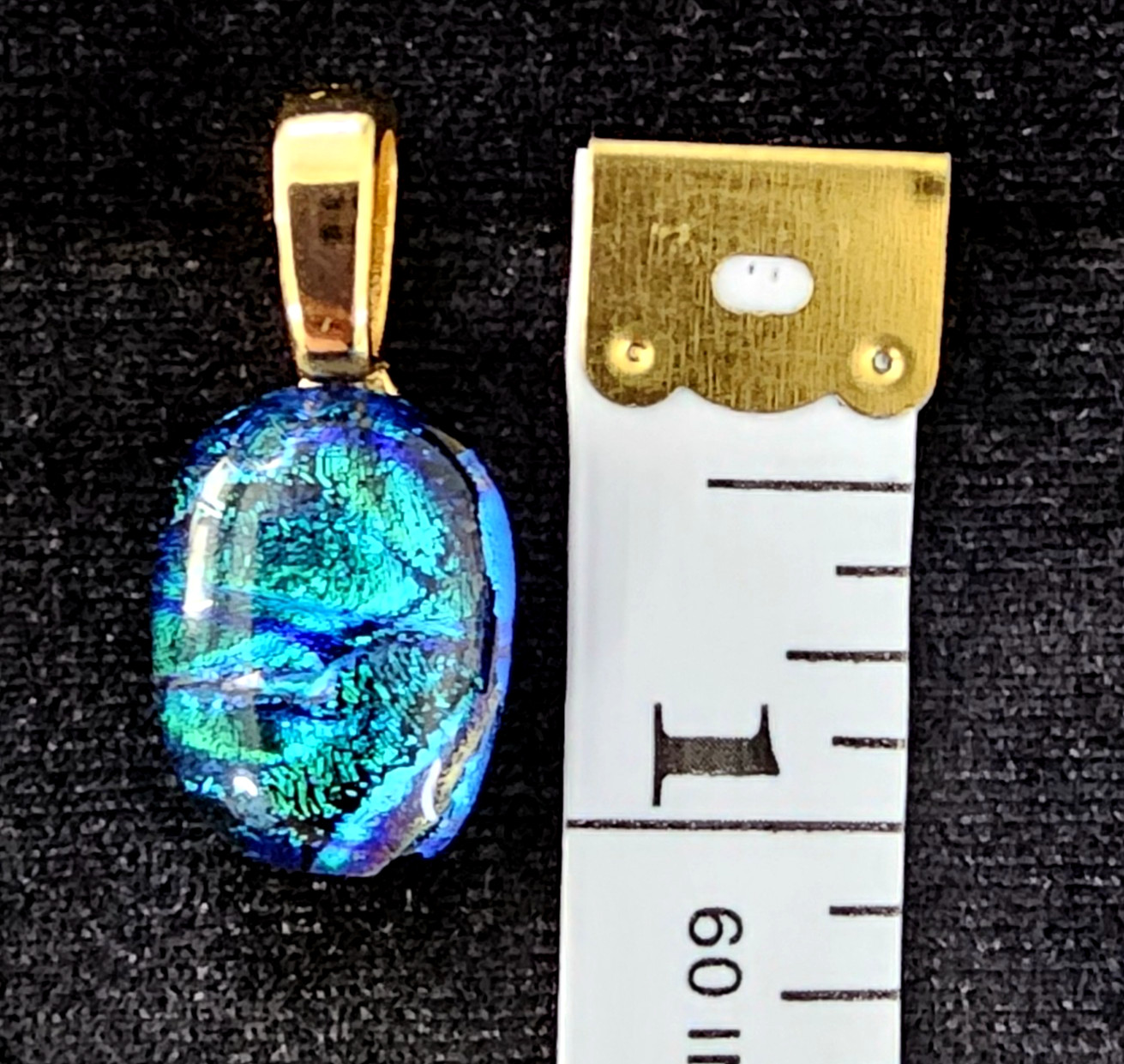 Blue Green Dichroic Glass Jewelry Set Pendant Clip Earrings Gold Tone Eclectic