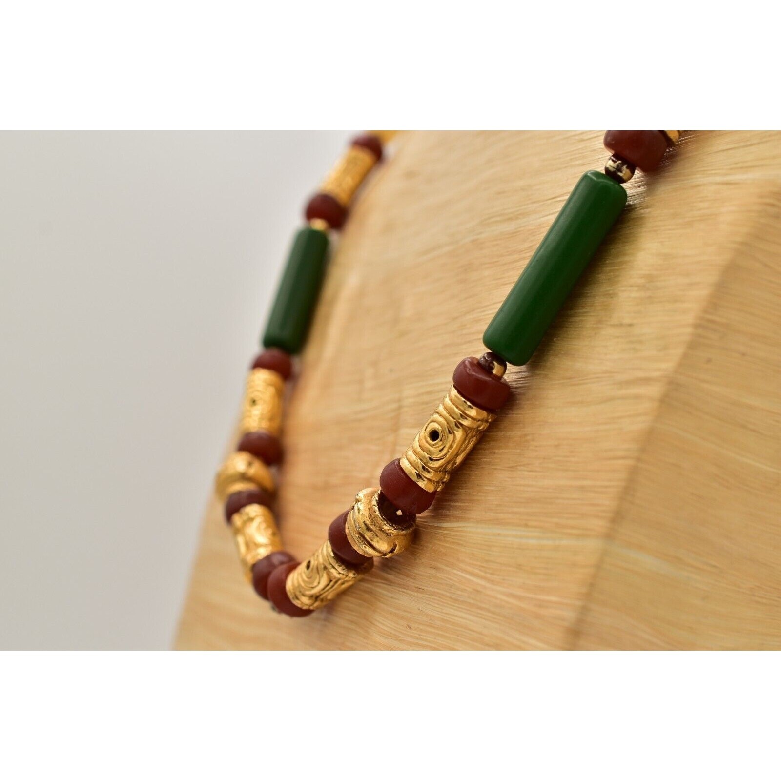 Vintage Beaded Necklace Brushed Gold Green Red Clay Tribal Chunky 1970s BinBN